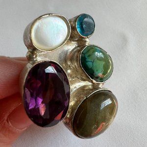 Mixed Stone Labradorite Amethyst Large Silver Tone Statement Ring Size 7